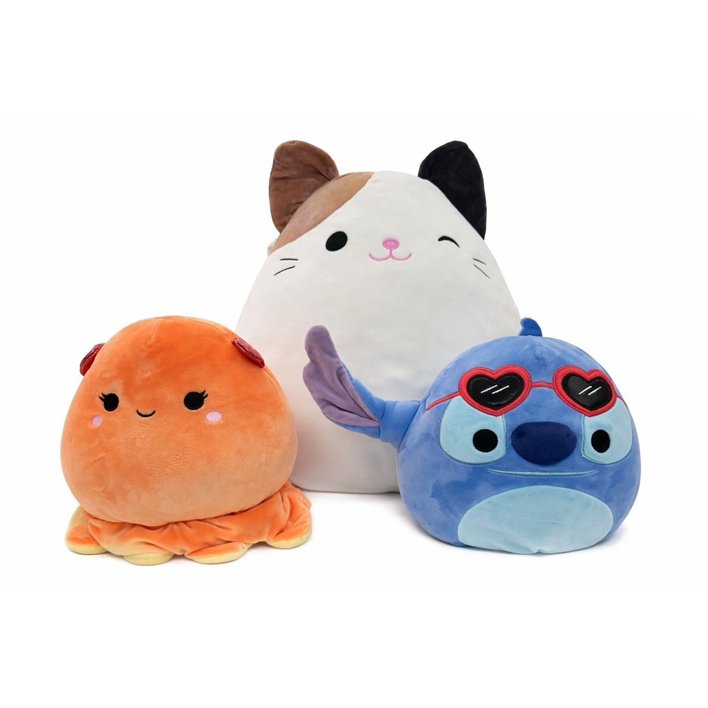 Squishmallows Plush Lot of 3 – 16” Callie Cat + 10” Stitch + 10” Axolotl Bundle